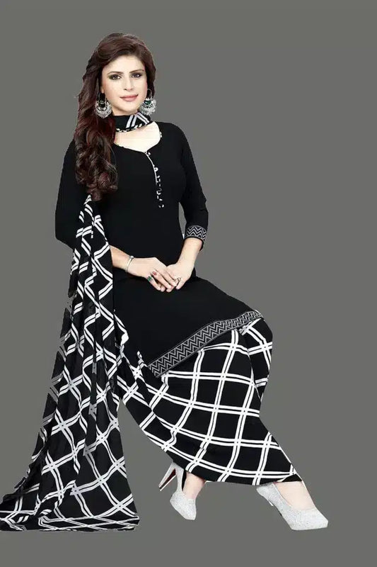 Crepe Printed Dress Material for Women & Girls (Black & White)